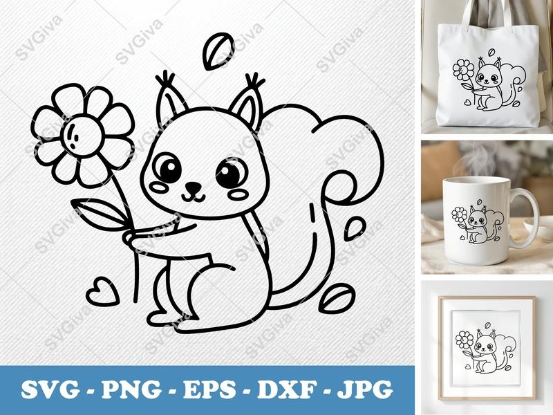 Squirrel with Flower SVG | Friendly Rounded Bean-Shaped Cut File | PNG DXF EPS for Cricut Silhouette