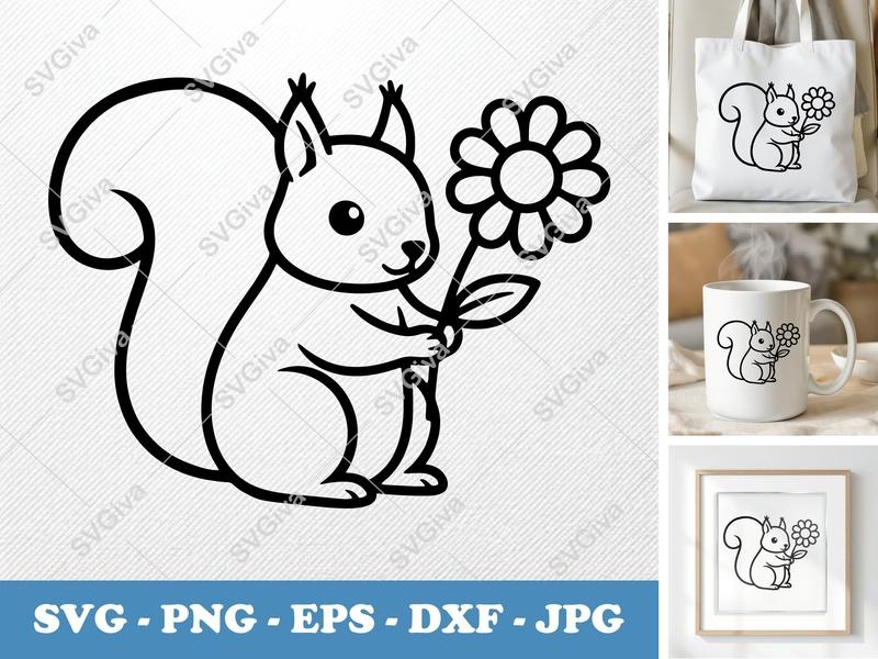 Squirrel with Flower SVG | Minimalist Outline Design | Bold Black Contour | PNG DXF EPS | Cricut Silhouette File