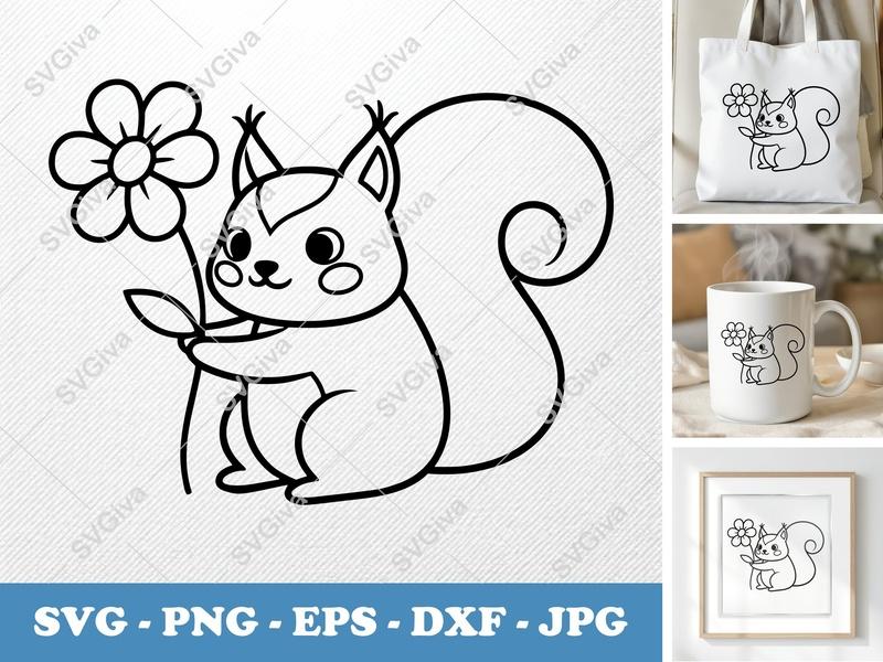 Squirrel with Flower SVG | Puffy Cartoon Design | Inflated Pillow Soft Shapes | PNG DXF EPS | Cricut Silhouette File