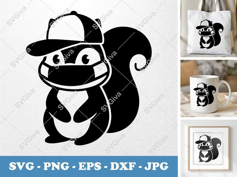 Squirrel with Hat and Mask SVG | Modern Animal Clip Art PNG EPS DXF for Cricut & Silhouette | Funny Cute Squirrel Design