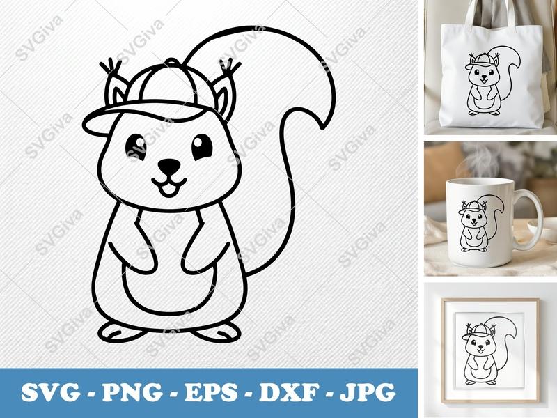 Squirrel with Hat SVG | Cute Cartoon Animal PNG EPS DXF | Cricut Silhouette File | Woodland Creature Clipart
