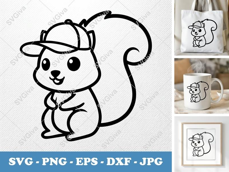 Squirrel with Hat SVG | Cute Rodent PNG EPS DXF | Animal Clipart for Cricut Silhouette | Modern Forest Creature Cut File