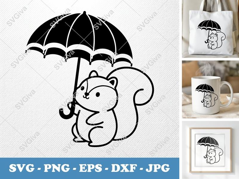 Squirrel with Umbrella SVG | Cute Animal Clipart | PNG EPS DXF for Cricut, Silhouette | Modern Fall Autumn Design