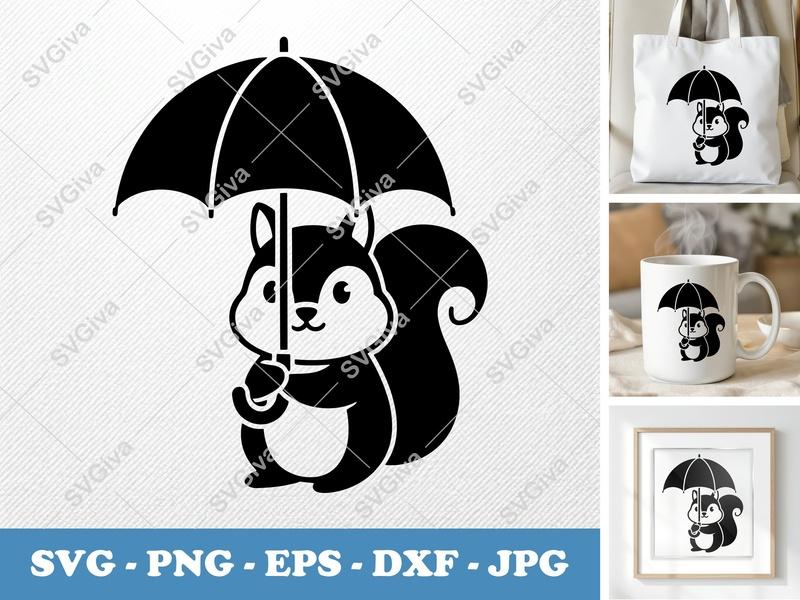 Squirrel with Umbrella SVG | Cute Animal Cut File PNG EPS DXF | Cricut Silhouette Design | Autumn Fall Woodland Clipart
