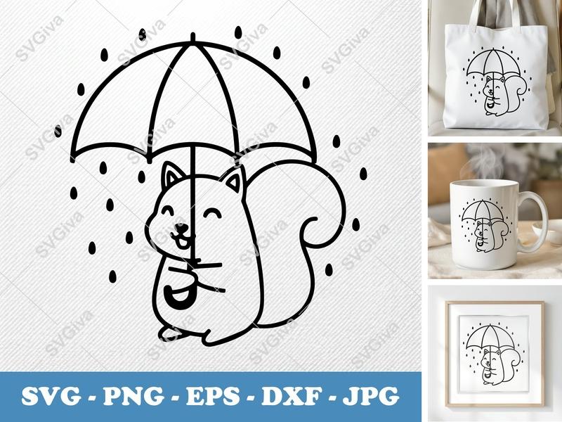 Squirrel with Umbrella SVG | Rainy Day Cut File, Cute Animal PNG EPS DXF for Cricut & Silhouette, Modern Weather Clipart