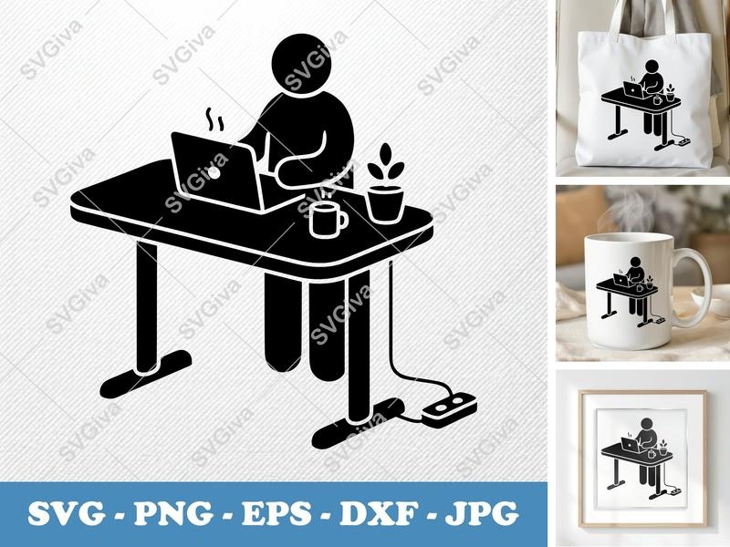 Standing Desk SVG, Person Working Laptop, Minimalist Icon PNG EPS DXF for Cricut & Silhouette