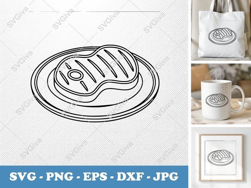 Steak on a Plate SVG PNG DXF EPS | Food Cut File for Cricut Silhouette | Grill Meat Kitchen Design