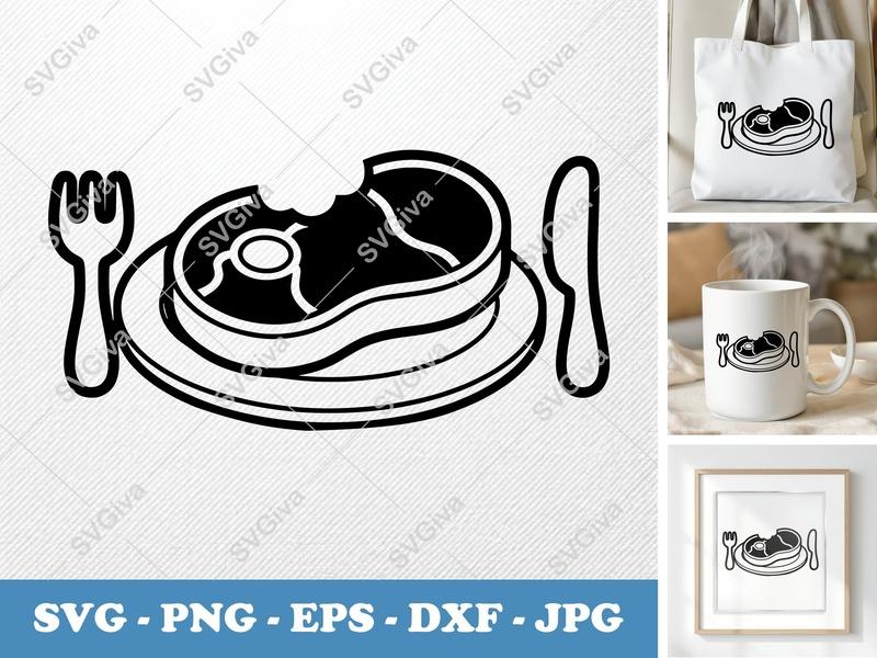 Steak SVG | Bitten Steak on Plate with Fork Knife | BBQ Grilling Food Cut File | PNG EPS DXF for Cricut Silhouette