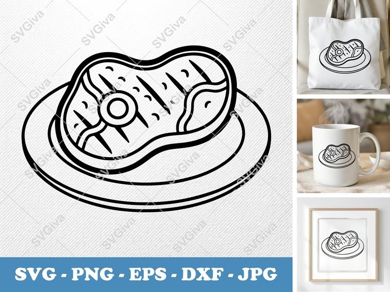 Steak SVG Grill Marks on Plate | Modern Food Clip Art | PNG EPS DXF | Cricut Silhouette File
