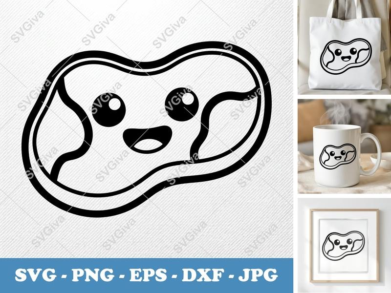 Steak with Smiling Face SVG, Friendly Bean-Shaped Cut File | PNG DXF EPS for Cricut & Silhouette