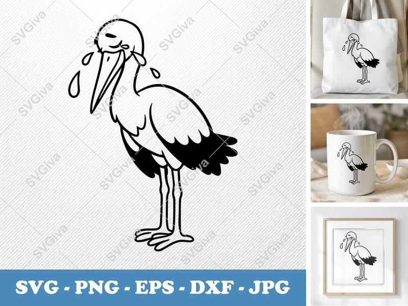 Stork Crying SVG | Friendly Bean-Shaped Rounded Body | SVG PNG DXF EPS | Cricut Silhouette File