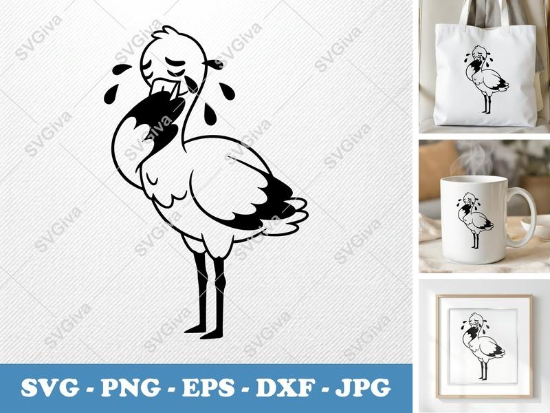 Stork Crying SVG | Puffy Cartoon Stork Cut File | Inflated Pillow-Soft Design | PNG DXF EPS | Cricut Silhouette Ready