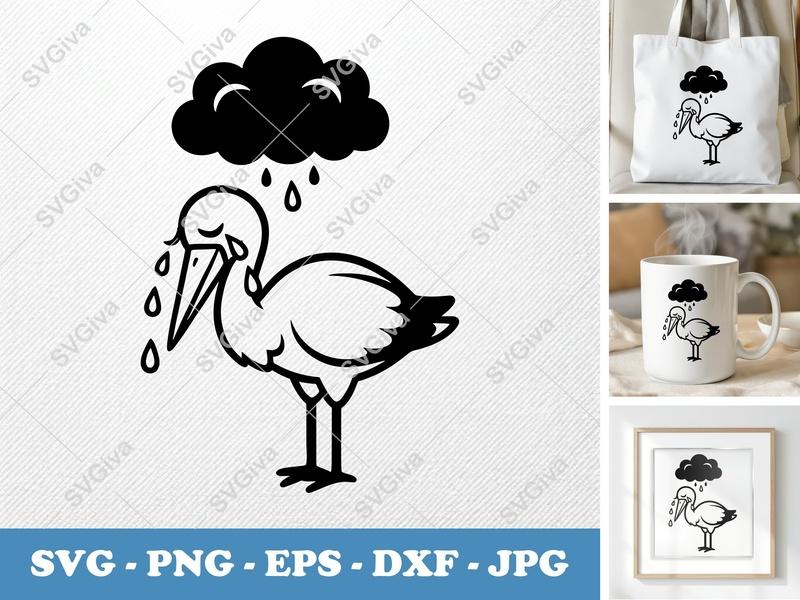 Stork Crying SVG | Sad Cloud Rain PNG EPS DXF | Cricut Silhouette File | Modern Bird Clipart Design