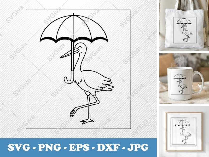 Stork Holding Umbrella SVG PNG DXF EPS | Bird Cut File Cricut Silhouette Vector Art