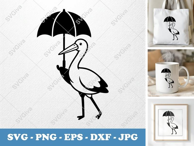 Stork Holding Umbrella SVG | Puffy Soft Forms | PNG DXF EPS | Cricut Silhouette File