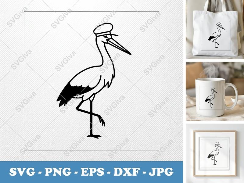 Stork in a Cap SVG | Bold Minimalist Vector | PNG DXF EPS | Cricut Silhouette Cut File
