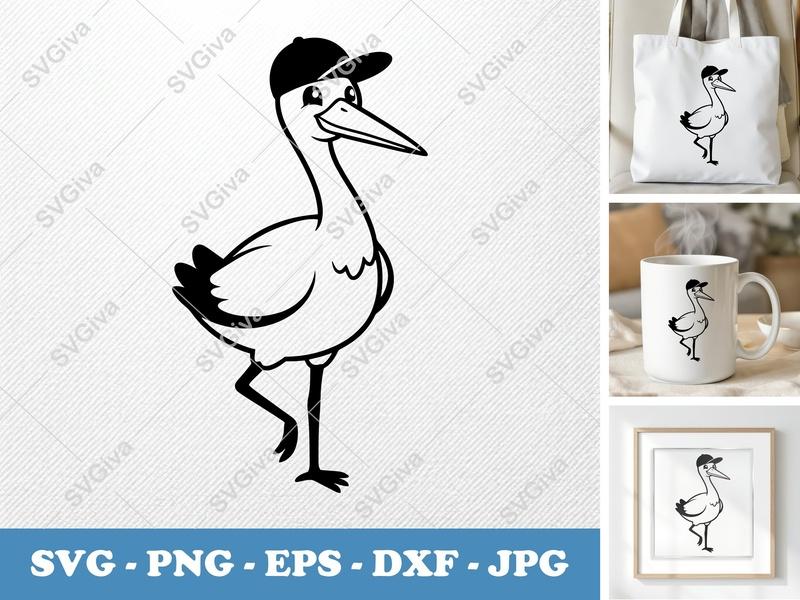 Stork in a Cap SVG PNG DXF EPS | Baby Bird Animal Cut File for Cricut Silhouette