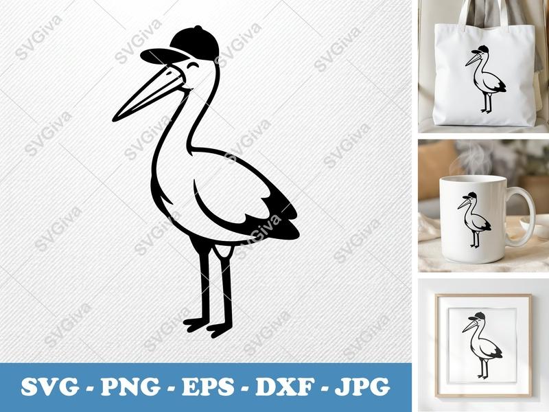 Stork in a Cap SVG | Puffy Shapes, No Sharp Corners | PNG DXF EPS | Cricut Silhouette File