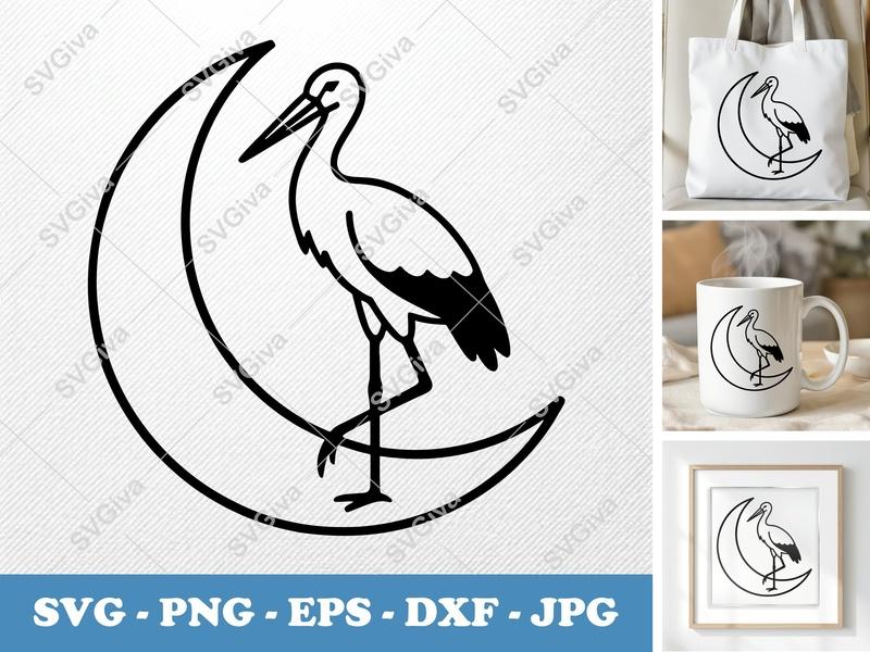 Stork on Moon SVG PNG DXF EPS | Bird Cut File Cricut Silhouette | Baby Shower Vector Art