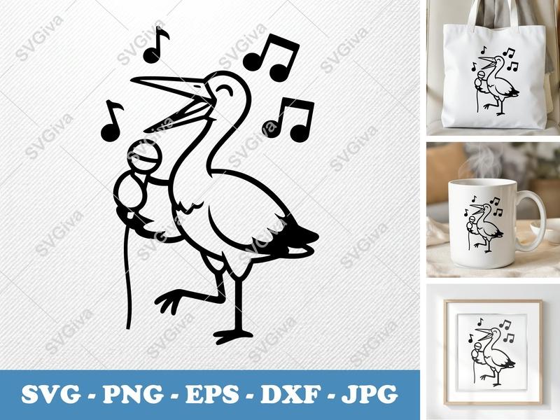 Stork Singing SVG | Music Notes Microphone | PNG EPS DXF Cut File for Cricut Silhouette | Bird Funny Animal Clipart