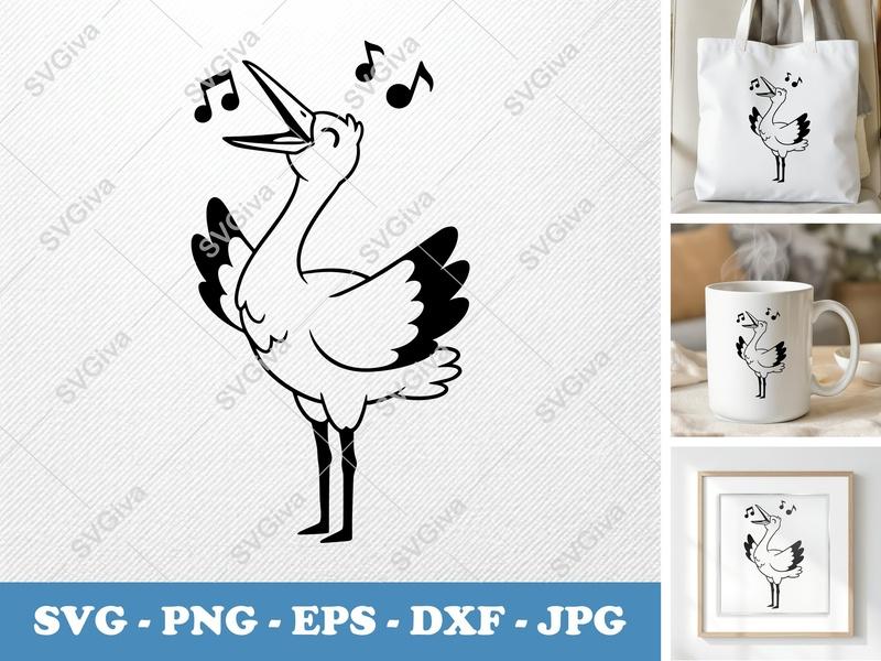 Stork Singing SVG | Puffy Pillow Soft Shapes | PNG DXF EPS | Cricut Silhouette File
