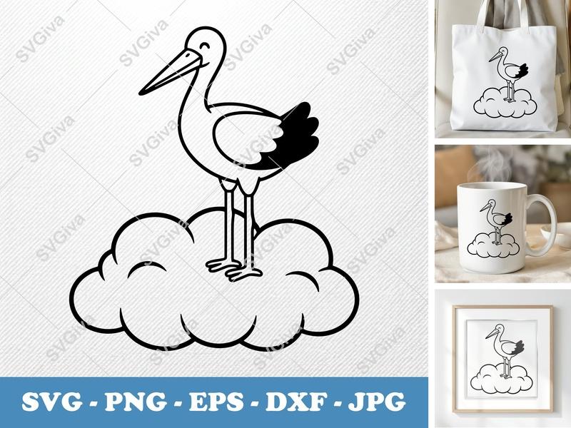 Stork Sitting on a Cloud SVG PNG DXF EPS | Cricut Silhouette Baby Shower Nursery Decor