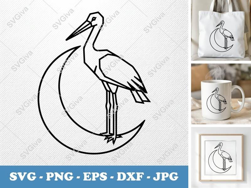 Stork sitting on a Moon SVG | Geometric Minimalist Cut File | Double Outline Design | PNG DXF EPS for Cricut Silhouette