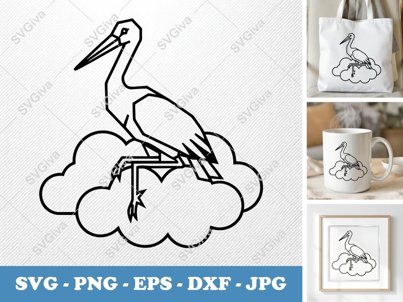 Stork Sitting on Cloud SVG | Geometric Minimalist Design | Thick Outline Thin Lines | PNG DXF EPS | Cricut Silhouette File