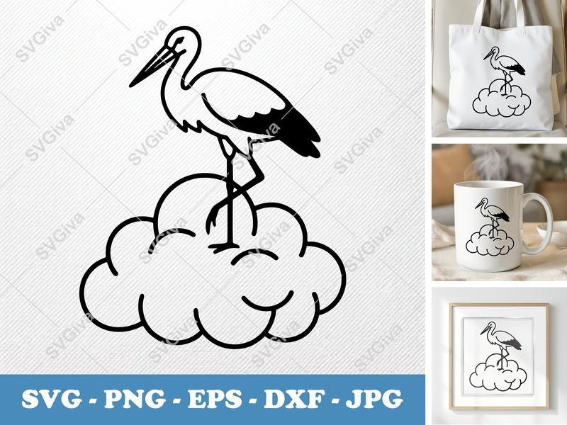 Stork Sitting on Cloud SVG PNG DXF EPS | Baby Shower Cricut Silhouette Cut File