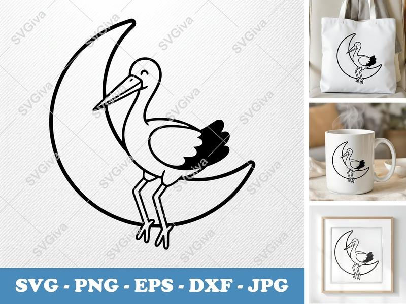 Stork Sitting On Moon SVG PNG DXF EPS | Baby Bird Cricut Silhouette Cut File