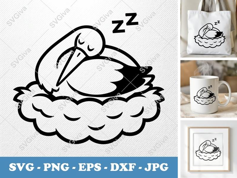 Stork Sleeping SVG | Cute Baby Shower Design, Nest, Zz | PNG EPS DXF for Cricut, Silhouette, Vector Clipart
