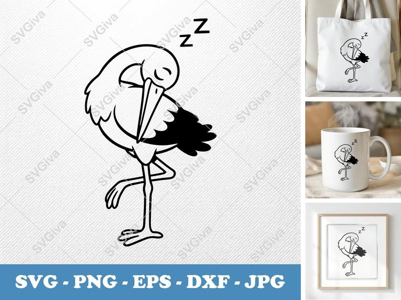 Stork Sleeping SVG | Friendly Rounded Body Bean-Shaped Cut File | PNG DXF EPS | Cricut Silhouette Design