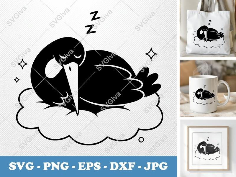 Stork Sleeping SVG | Puffy Cloud Design | SVG, PNG, DXF, EPS | Cricut & Silhouette Cut File