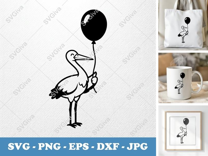 Stork SVG, Balloon Stork Cut File, Baby Shower Clipart, Modern Design, PNG EPS DXF for Cricut & Silhouette