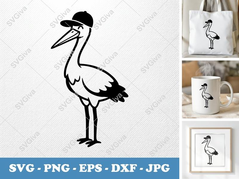 Stork SVG | Baseball Cap Stork, Modern Baby Shower Cut File | PNG EPS DXF for Cricut & Silhouette Machines