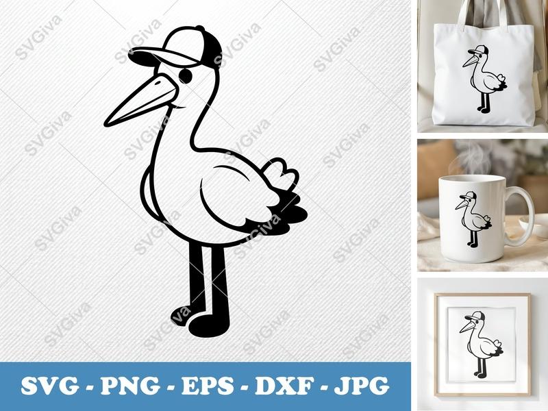 Stork SVG | Cartoon Stork with Hat, Baby Delivery Bird | PNG EPS DXF for Cricut, Silhouette | Modern Clipart Cut File