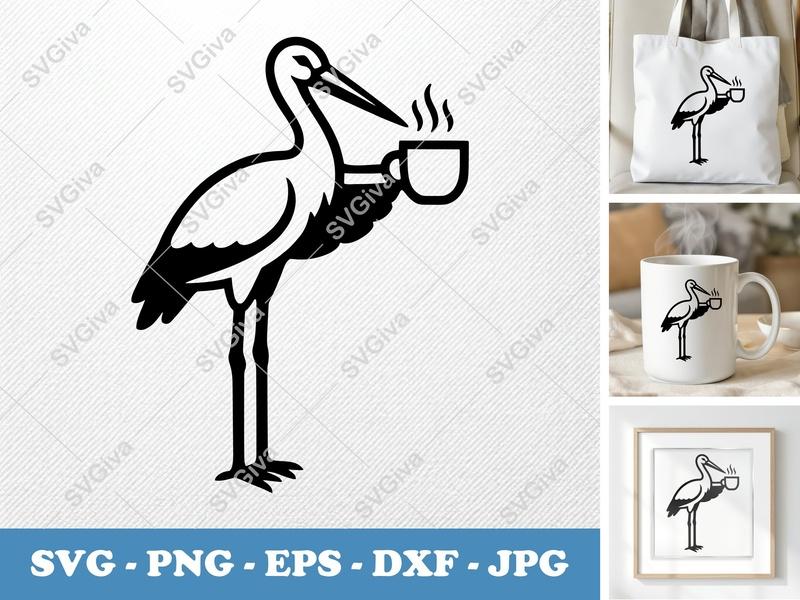 Stork SVG | Coffee Cup Bird Design, Modern Stork with Drink | PNG EPS DXF for Cricut & Silhouette Machines