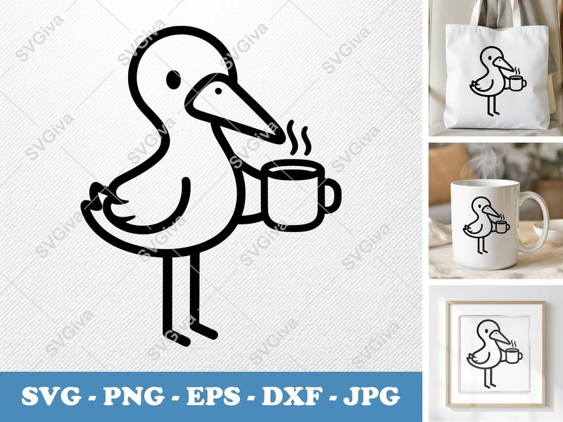 Stork SVG, Coffee Mug Bird Cut File, Modern Stork Design | PNG EPS DXF for Cricut, Silhouette, Vector Clipart