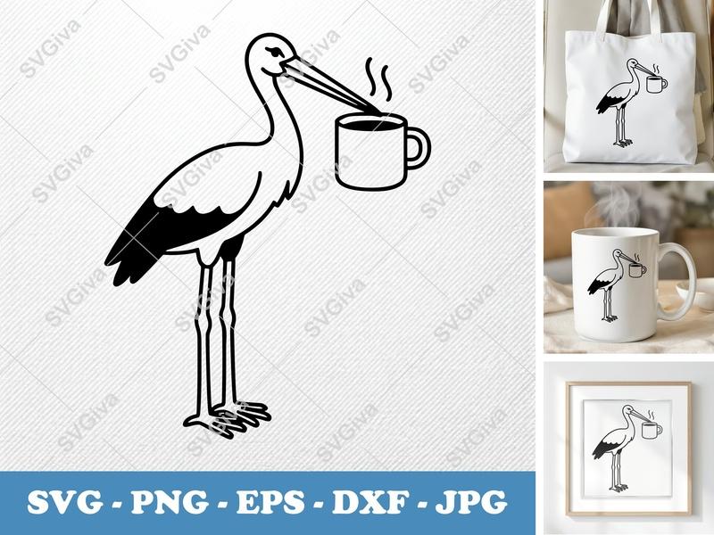 Stork SVG | Coffee Mug Stork, Modern Bird Design | PNG, EPS, DXF | Cricut, Silhouette Cut File