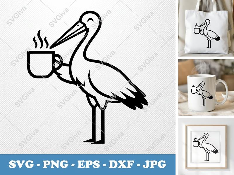 Stork SVG | Coffee Mug Stork, Modern Bird Line Art | PNG EPS DXF | Cricut & Silhouette Cut File