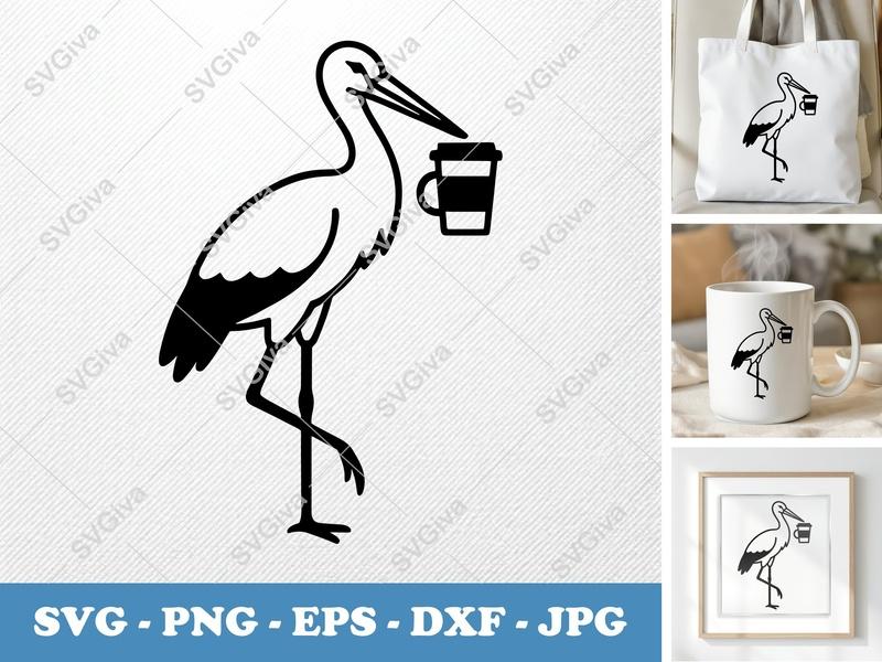 Stork SVG | Coffee Stork Cut File, Modern Stork with Coffee Cup | PNG EPS DXF for Cricut, Silhouette | Bird Clip Art