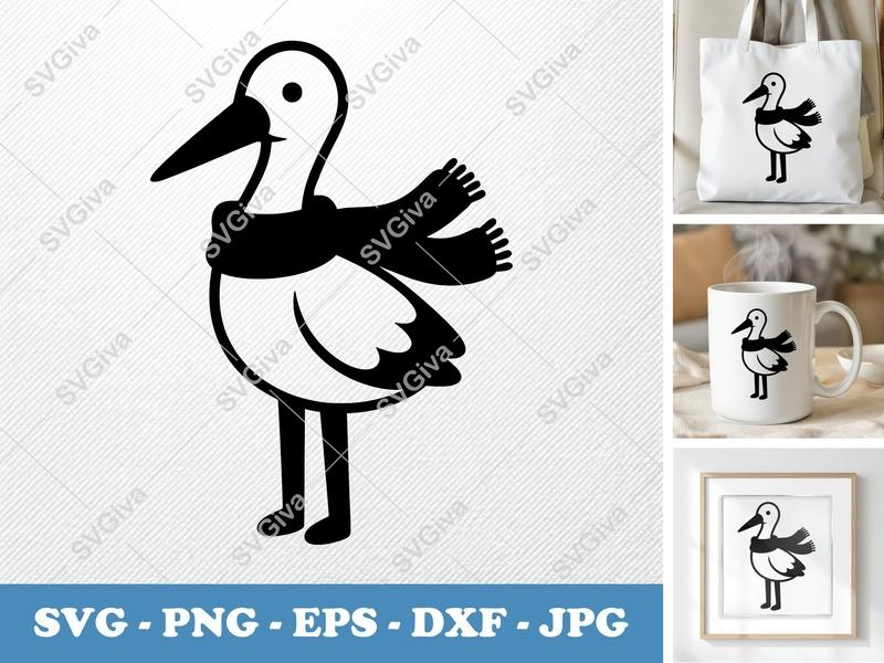 Stork SVG | Cute Winter Stork with Scarf | PNG EPS DXF | Cricut & Silhouette Cut File | Baby Shower Clipart