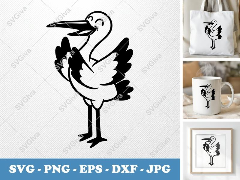Stork SVG, Happy Bird Clipart, Cartoon Animal Cut File, Baby Shower Art, PNG EPS DXF for Cricut & Silhouette