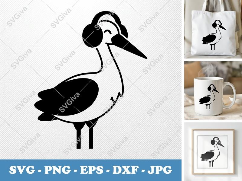 Stork SVG | Headphones Stork Cut File, Music Bird Clip Art | PNG EPS DXF for Cricut, Silhouette, Baby Shower