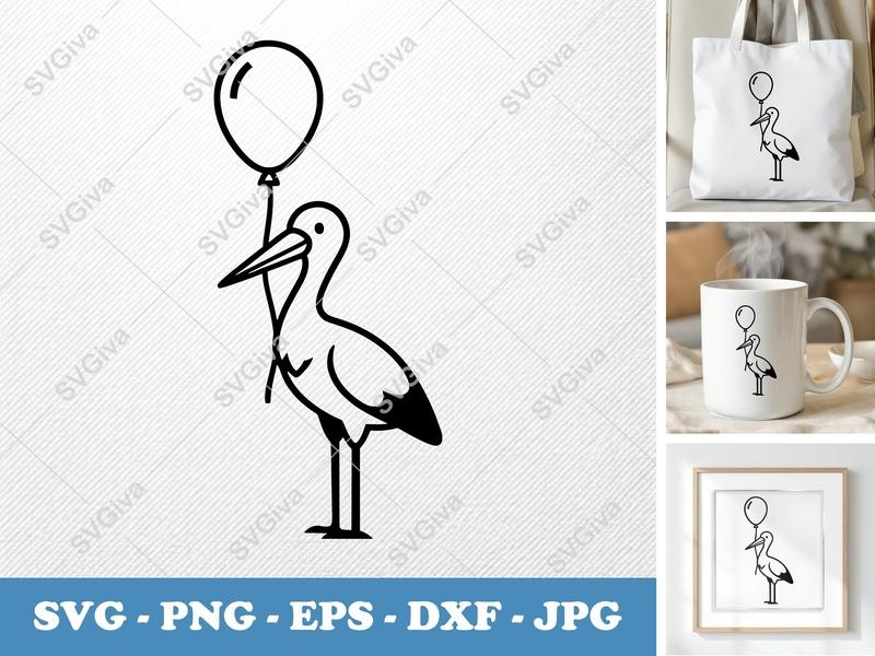 Stork SVG | Modern Balloon Stork Cut File | Baby Shower PNG EPS DXF for Cricut & Silhouette | New Baby Arrival