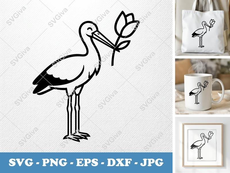 Stork SVG | Modern Bird & Flower Design | PNG, EPS, DXF | For Cricut & Silhouette Machines