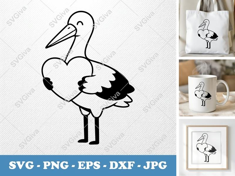 Stork SVG | Modern Clean Design, Heart, Baby Shower | PNG EPS DXF | Cricut & Silhouette Cut File