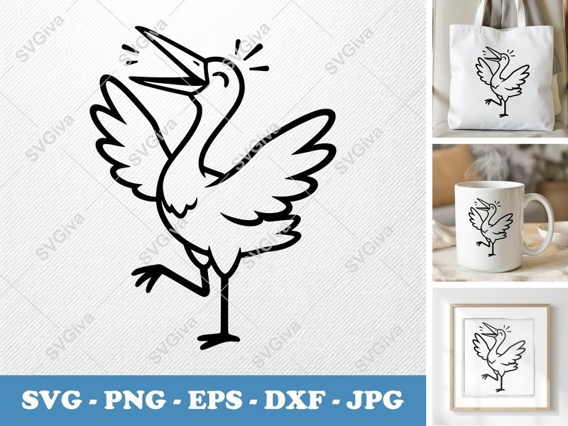 Stork SVG, Modern Clean Line Art, Open Beak Stork, PNG EPS DXF for Cricut Silhouette, Baby Shower Cut File, Bird Clipart