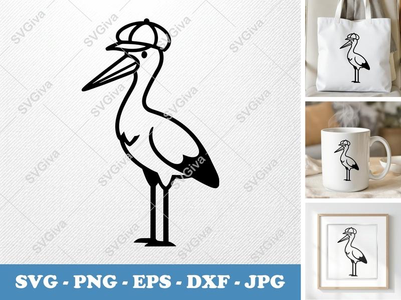 Stork SVG, Modern Clean Stork with Cap, Cute Bird Digital Cut File | PNG EPS DXF for Cricut & Silhouette