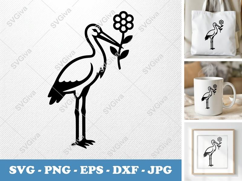 Stork SVG, Modern Floral Stork with Flower, PNG EPS DXF | Cricut & Silhouette Cut File, Baby Shower Design